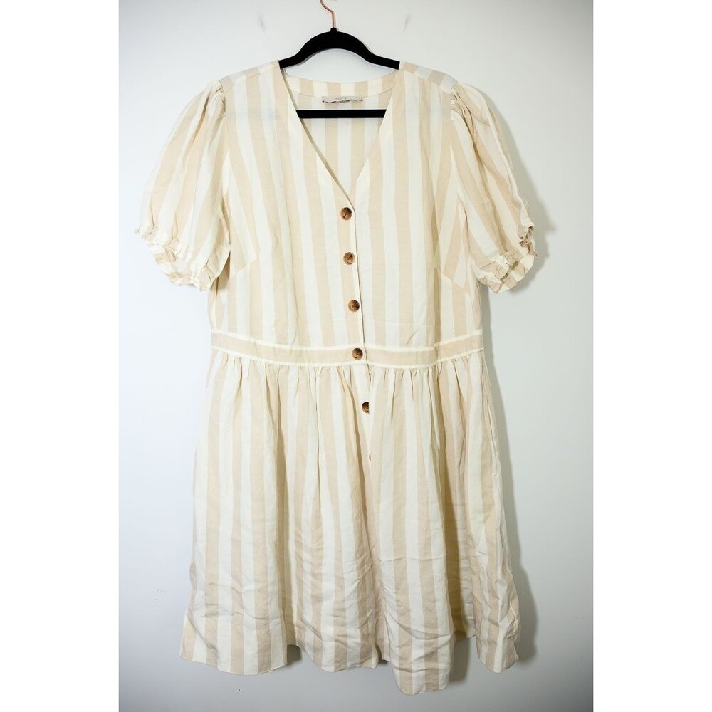 LOFT Plus Dress 16 Linen blend striped Midi short sleeve Spring Summer Beachy‎